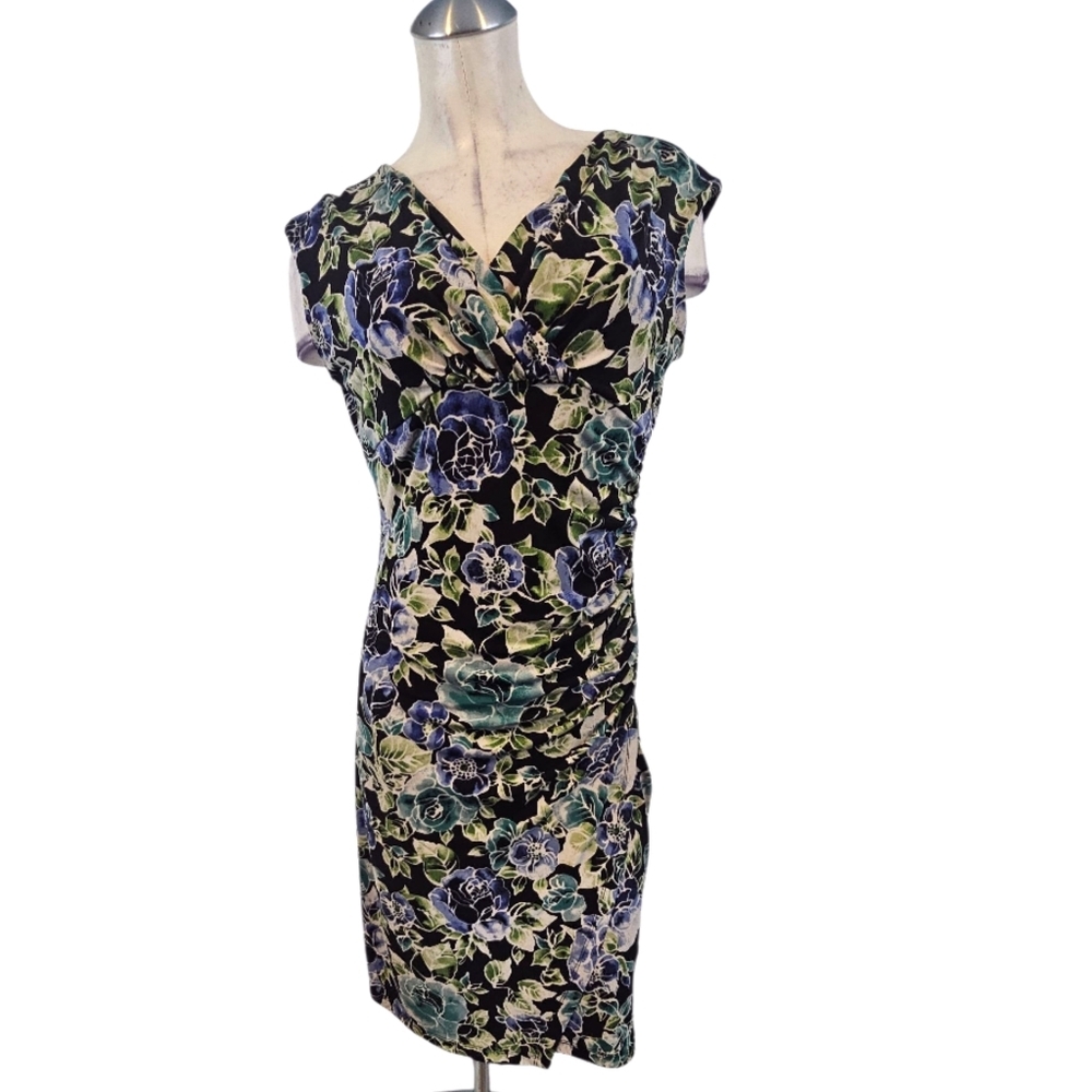 Kate Hill Size 6 Ruched Sheath Dress Black Floral Multi Color Sleeveless